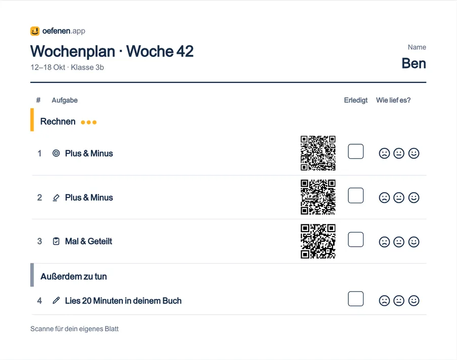 Das Übersichtsblatt von Daan für Woche 42: pro Aufgabe ein QR-Code, ein Kästchen und drei Smileys.